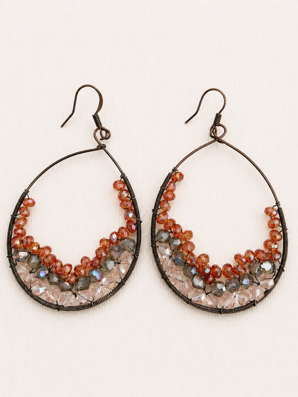 ✨ Copper Tone Crystal Beaded Teardrop Hoop Earrings Boho Dangle Statement ✨